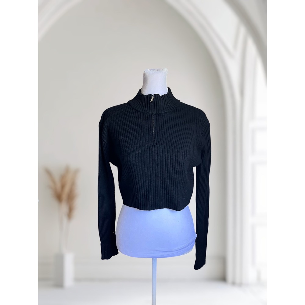 Daisy Ribbed Mock Neck Quarter-Zip Cropped Sweater XL